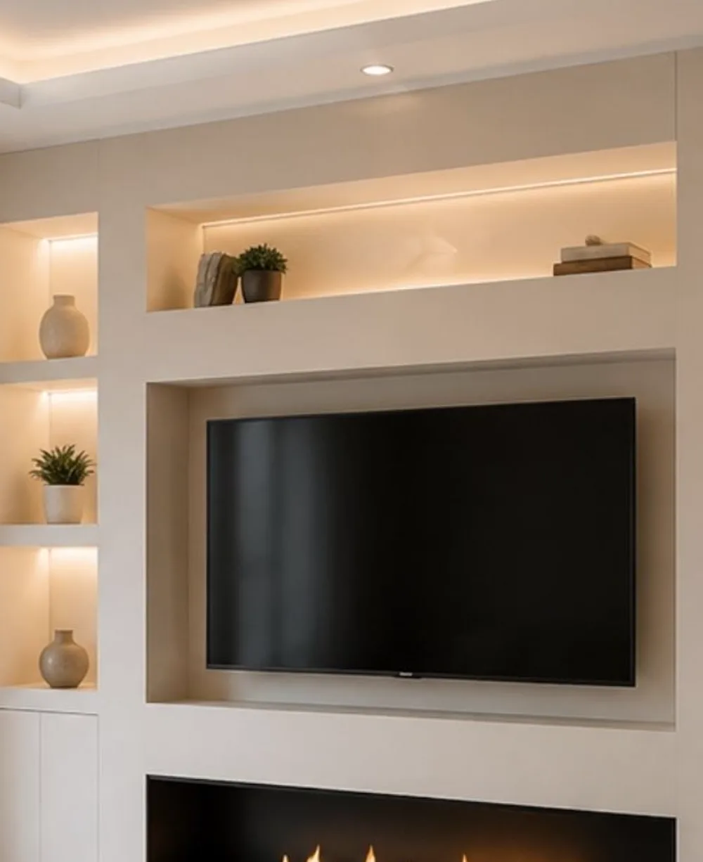 Detalle de hornacinas iluminadas y mueble de salón a medida