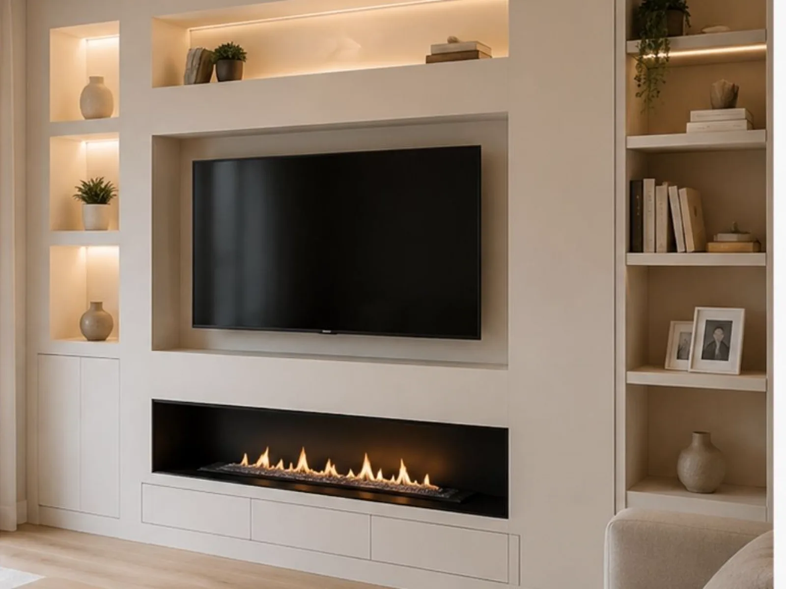 Mueble de salón a medida con hornacinas iluminadas y chimenea integrada