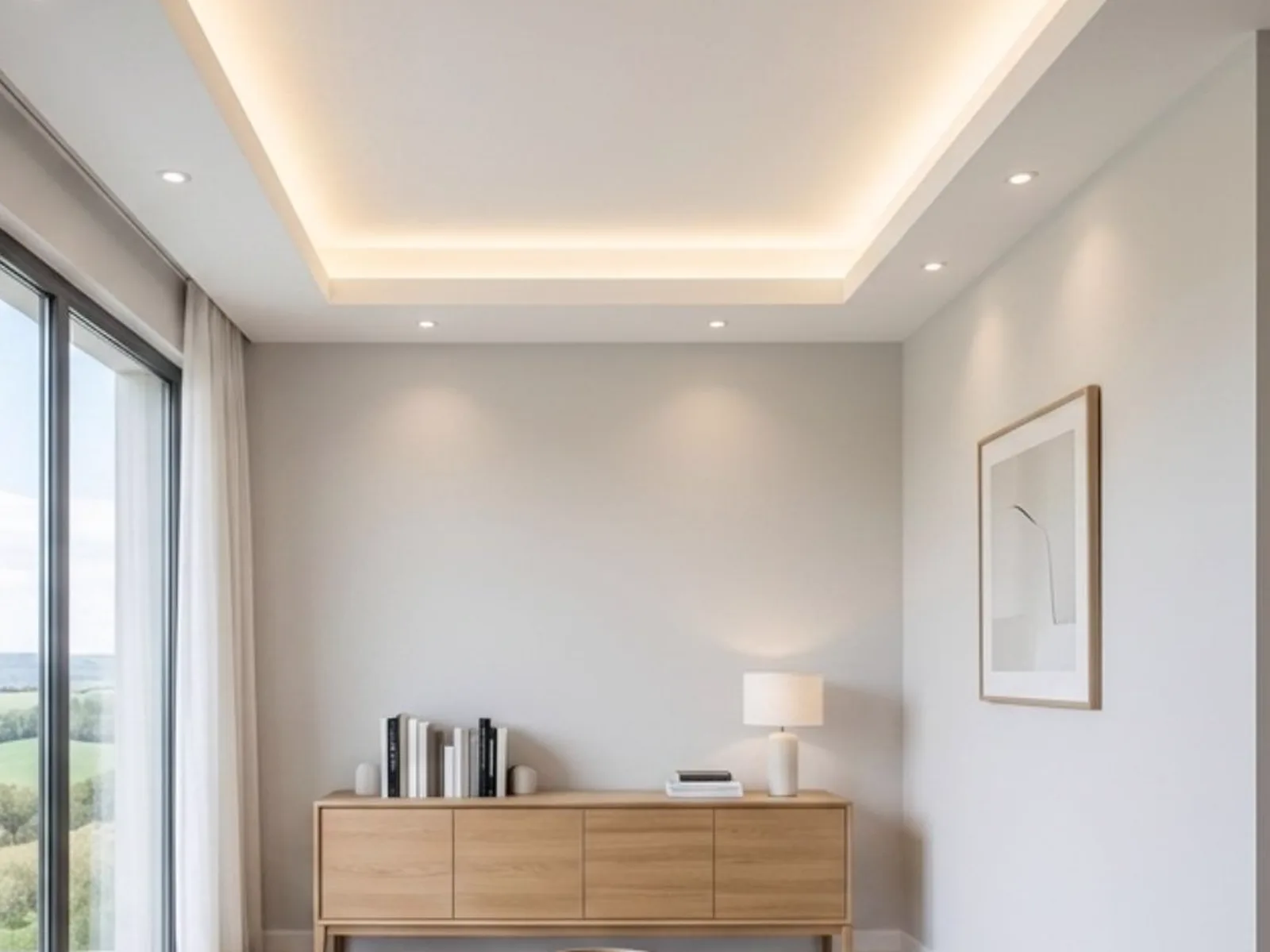 Salón con techo continuo de pladur, foseado perimetral e iluminación LED indirecta